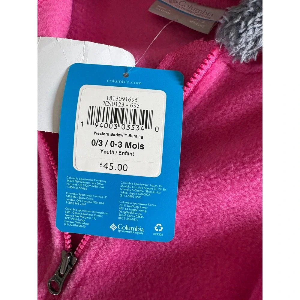 Columbia Western Barlow Bunting Fleece Hooded Coverall 0-3 Months Winter Skiing